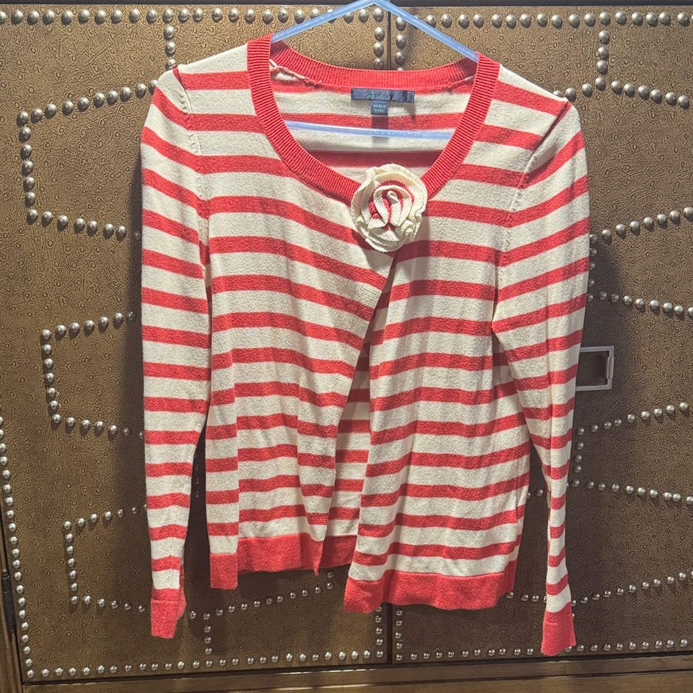 Boden Coral and Cream Striped Cardigan